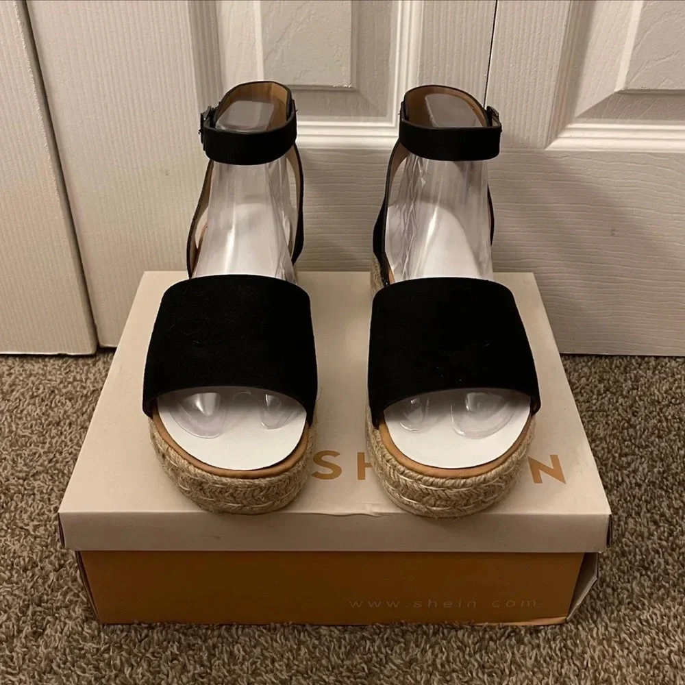 Womens Black Ankle Strap Espadrille Platform Sandals